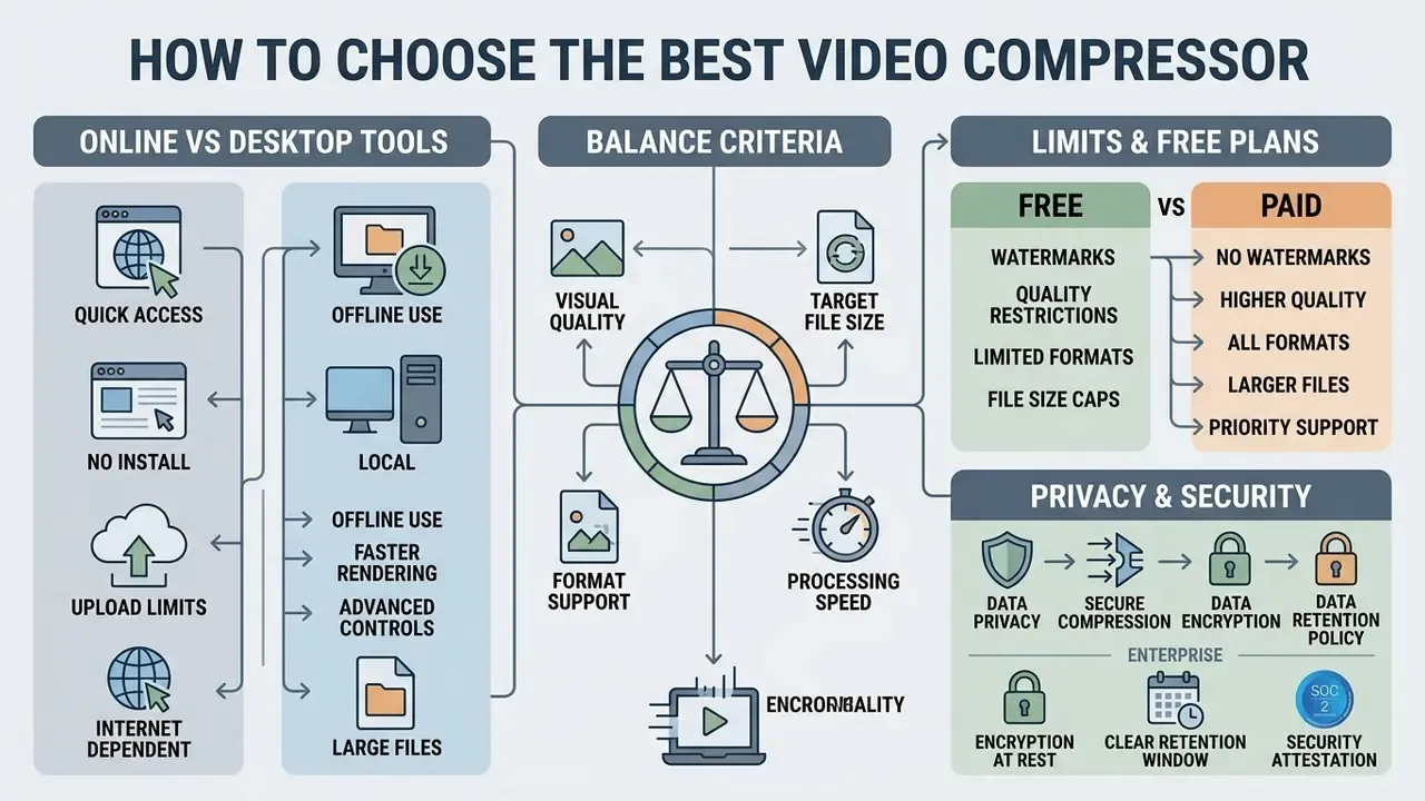 Infographic comparing online and desktop video tools, balance criteria, plan limits, and security factors