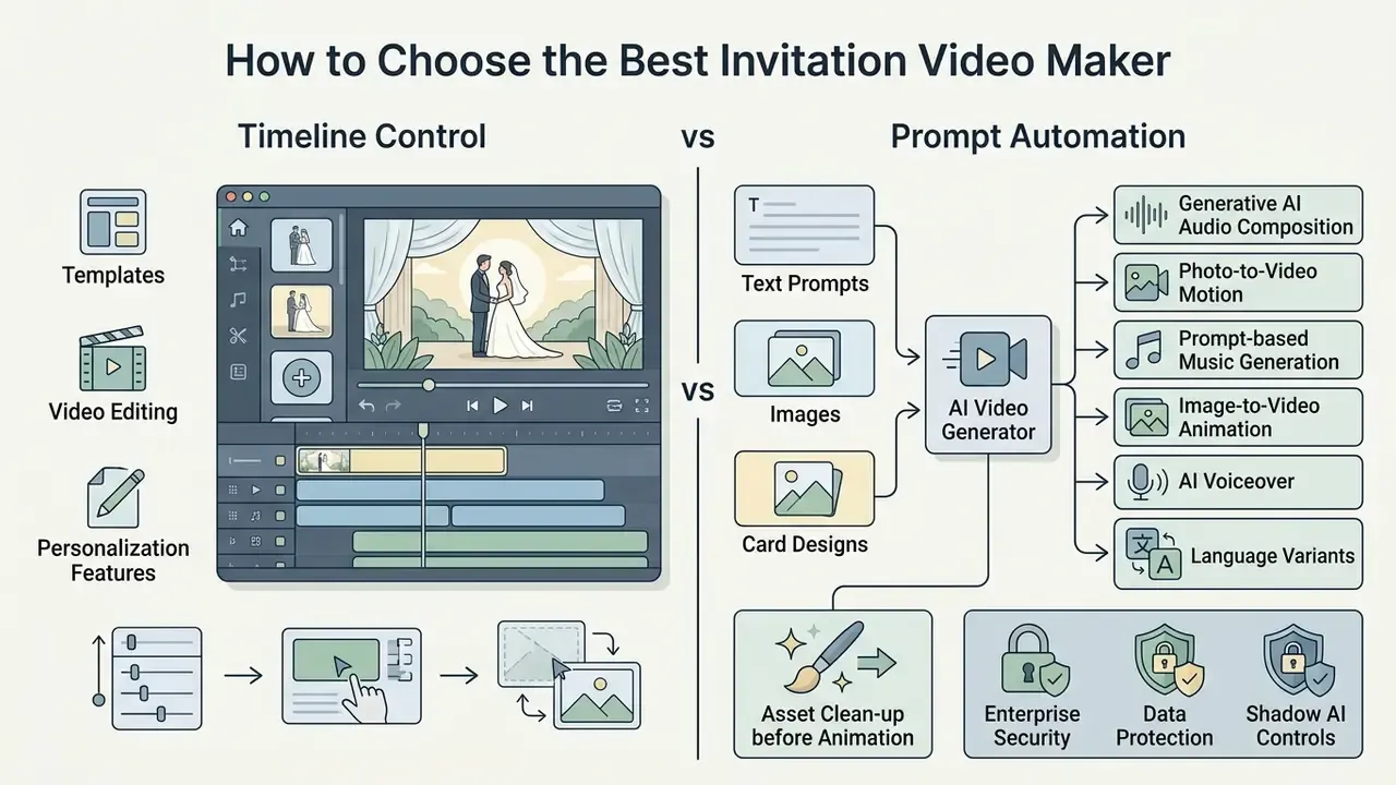 Comparison infographic showing manual timeline editing versus automated AI video generation workflows