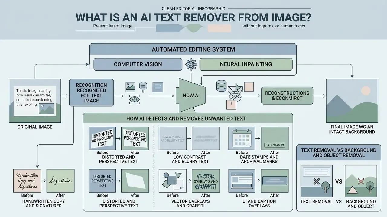 Flowchart illustrating how an AI text remover from image uses computer vision and neural inpainting