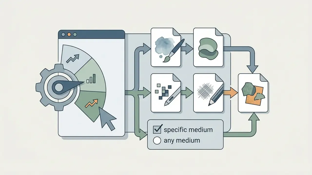 Control panel with a gear gauge feeding into document icons representing various artistic media options