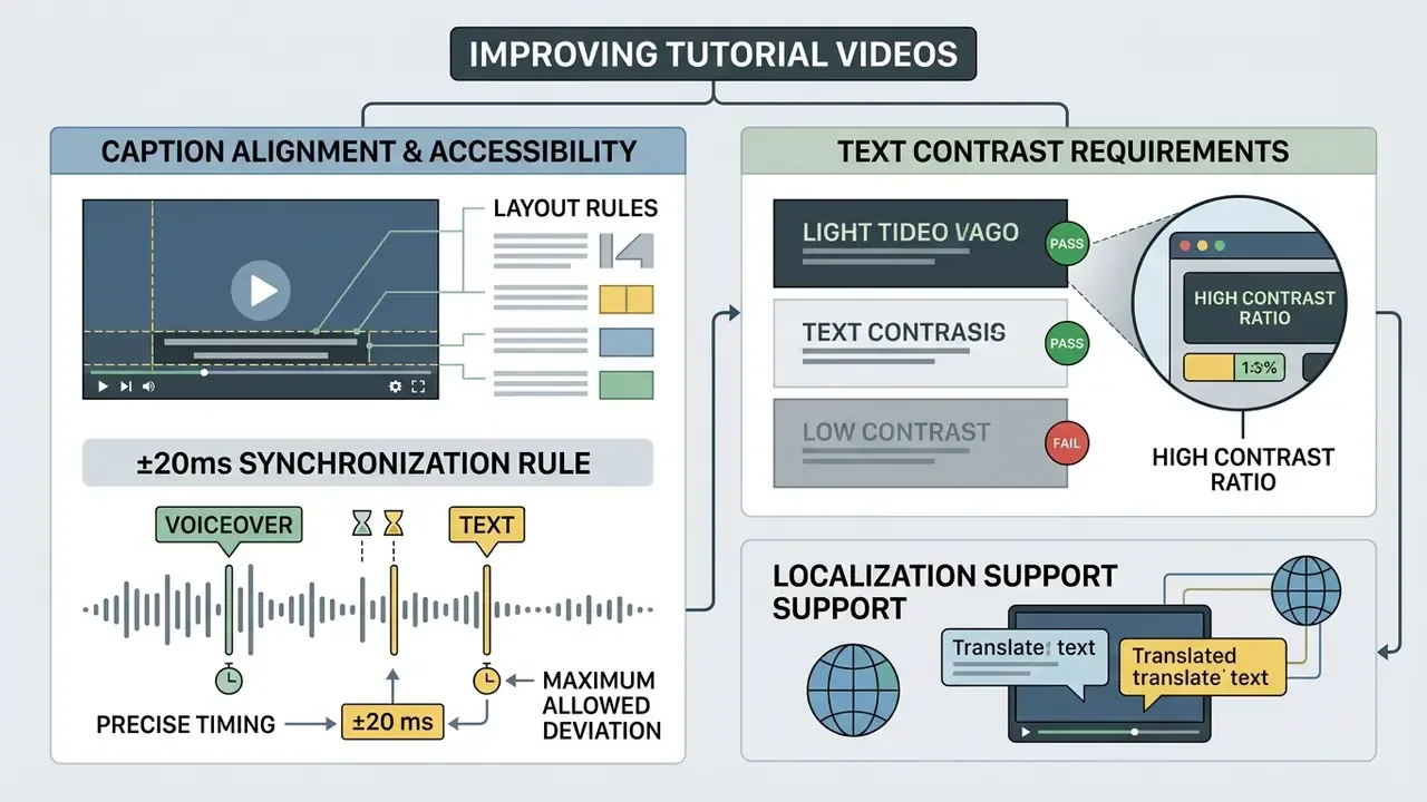 Diagram detailing caption alignment, synchronization timing, contrast ratios, and localization standards
