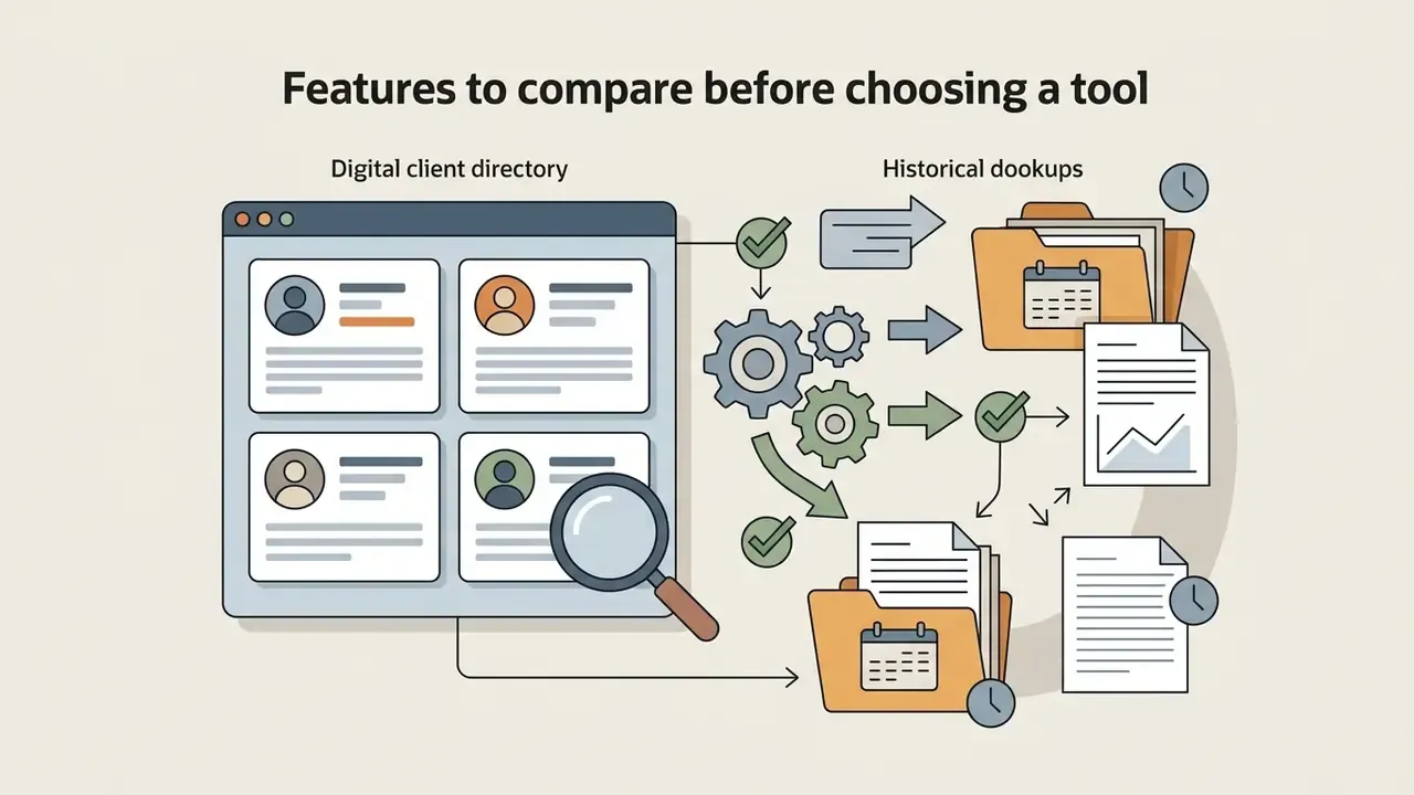 Digital client directory with a magnifying glass connecting to automated historical document lookups