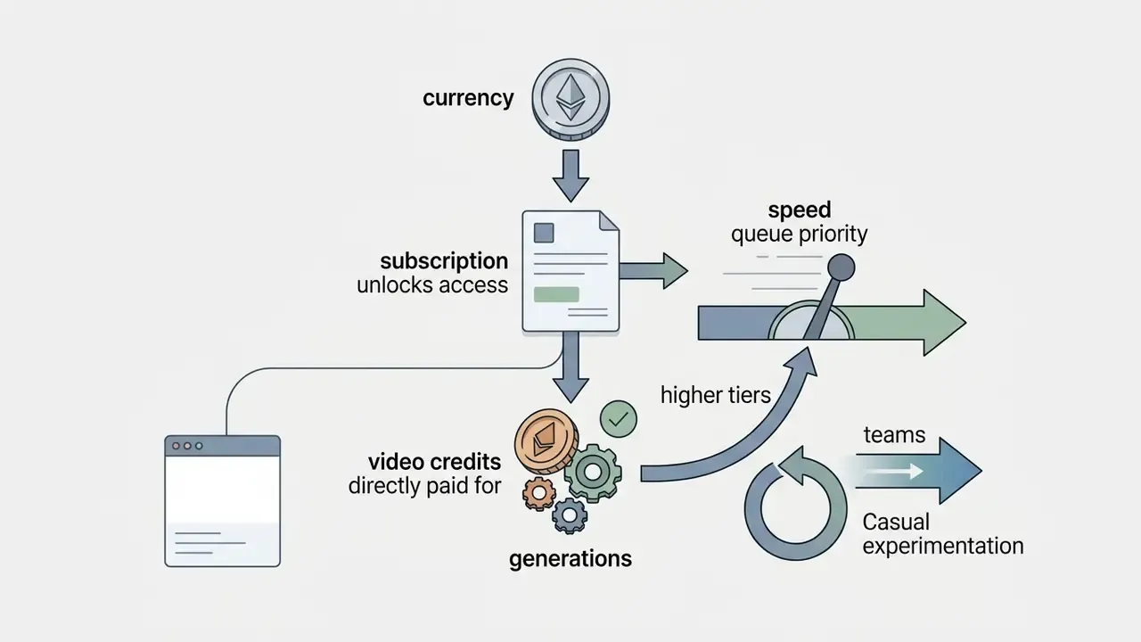 Process flow showing how subscriptions unlock access to video credits and queue priority for Pika Labs