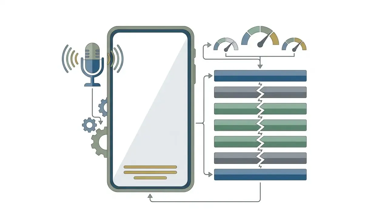 Smartphone connected to audio and gear icons with a segmented timeline and performance gauges