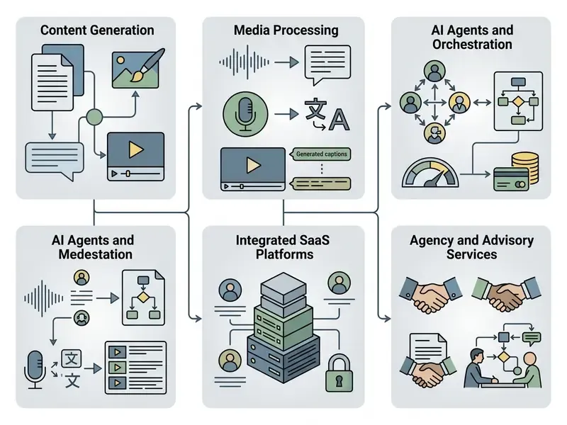 Flowchart mapping categories of AI media tools including content generation, processing, and services
