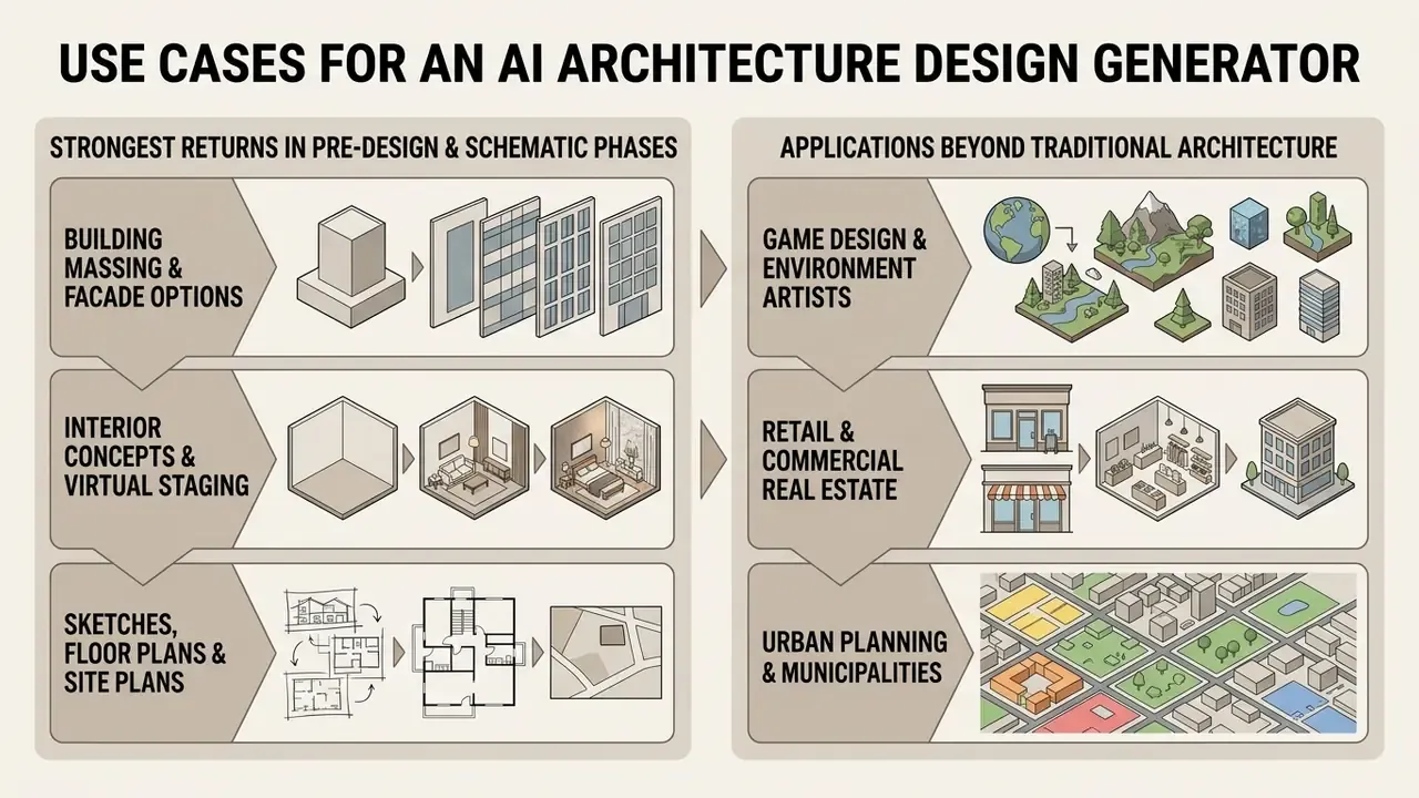 Two-column chart detailing design phases and diverse industry applications for generative software