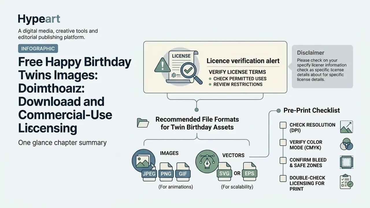 Infographic outlining license verification, recommended file formats, and a pre-print checklist for assets