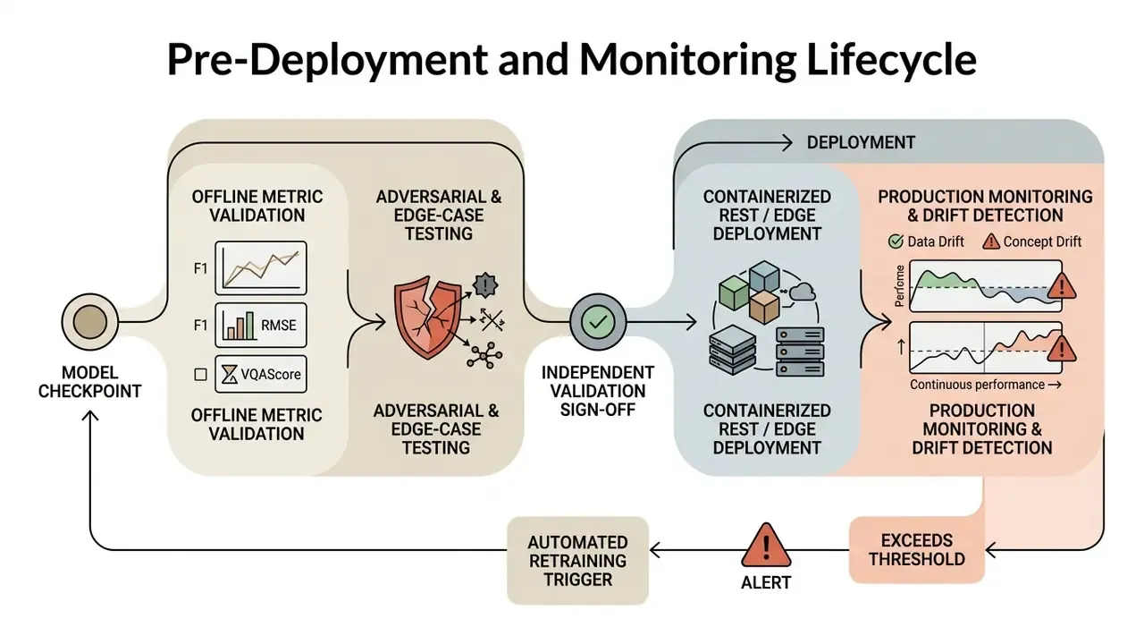 Sequence of steps from model validation and testing to deployment and automated retraining cycles
