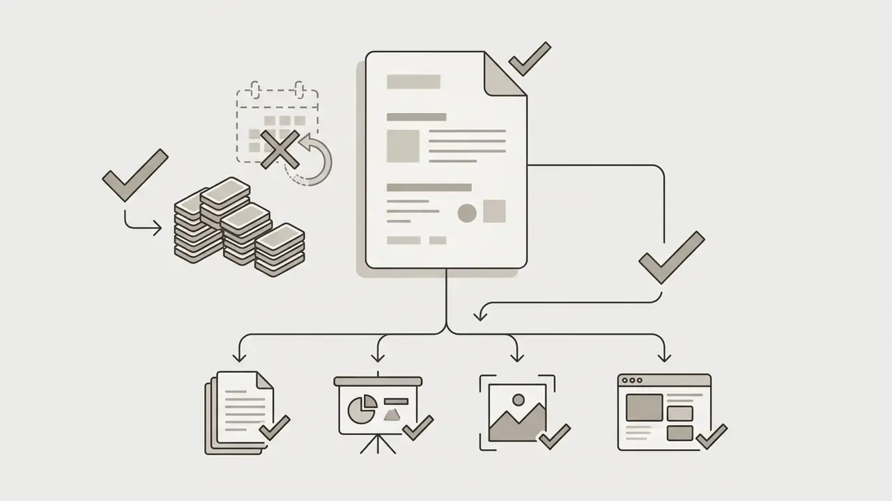 Document with credits and no monthly refills branching into PDF, PPTX, image, and web export formats