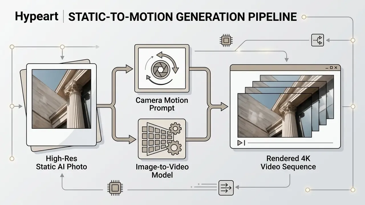 Flowchart showing a high-resolution static AI photo processed by motion prompts into a 4K video sequence