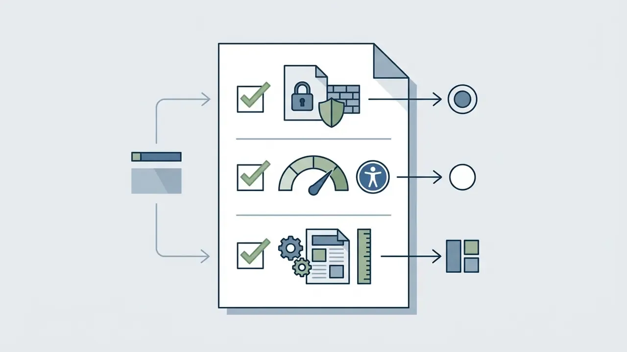 Checklist with security, speed, and formatting icons feeding into a series of output nodes