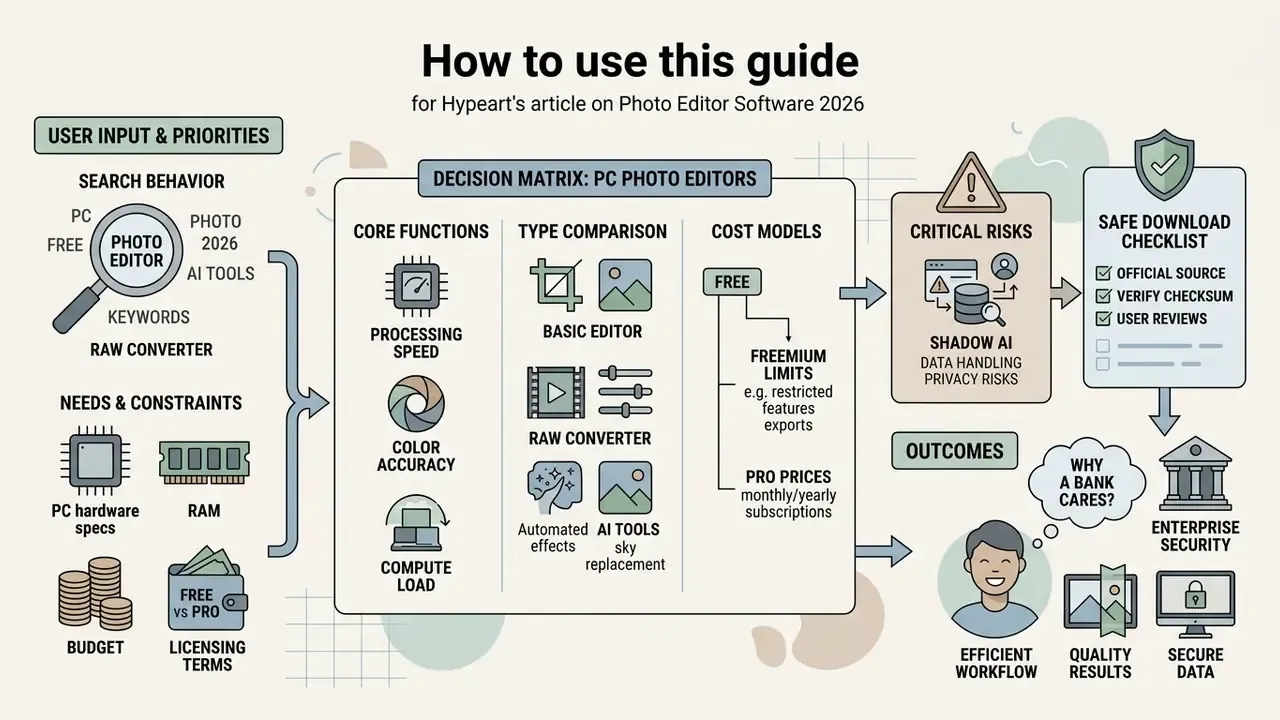 Infographic flowchart mapping the decision process for selecting photo editor software based on requirements