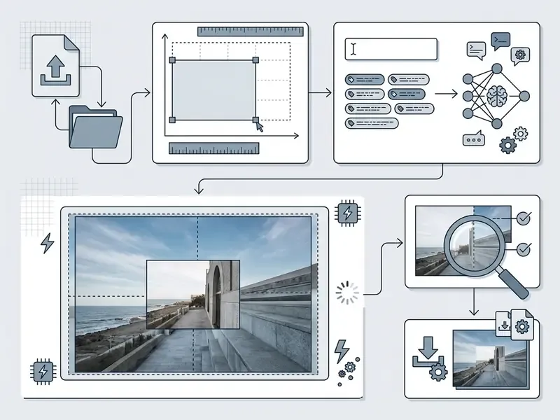 Five-stage workflow diagram showing image upload, canvas resizing, prompt input, AI generation, and export