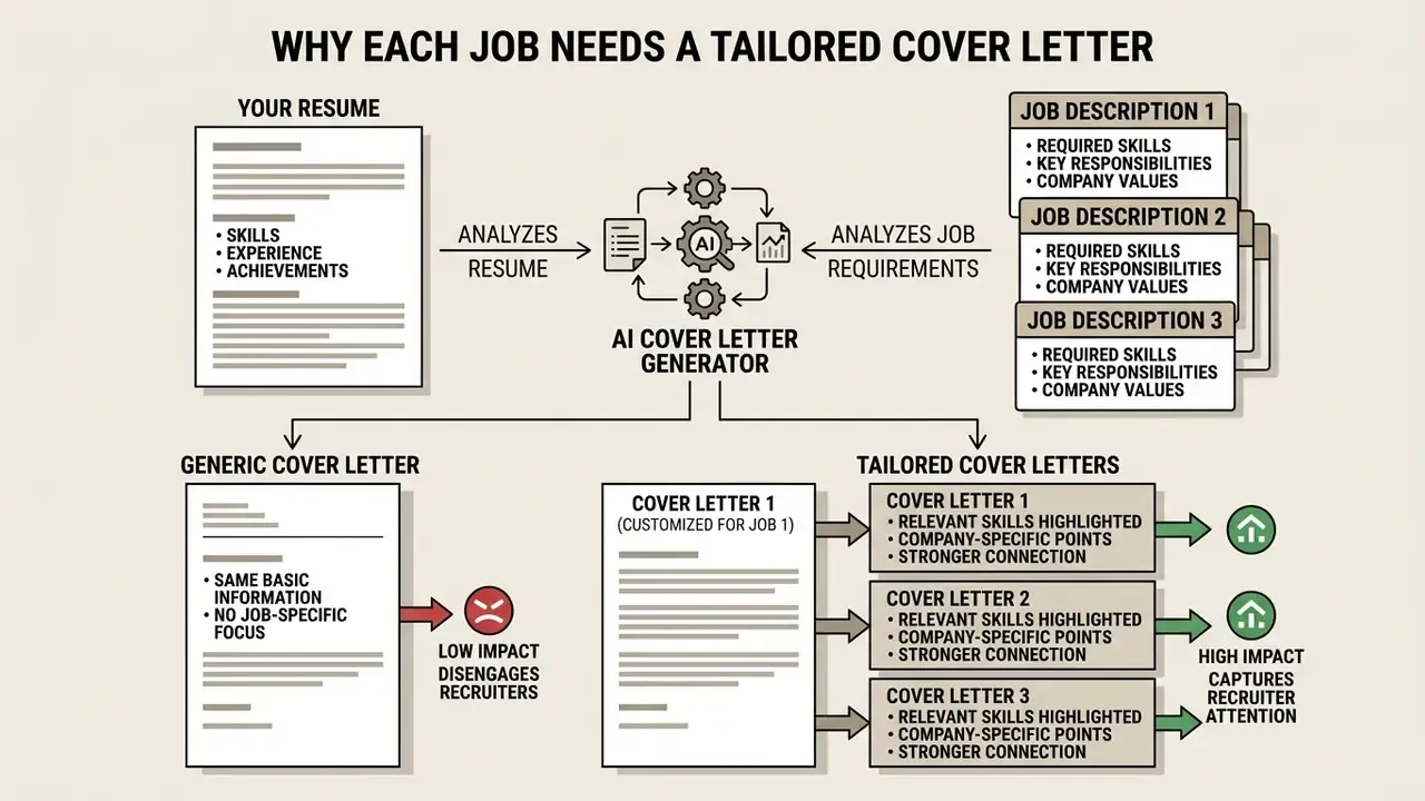 Flowchart comparing generic cover letters to customized documents created by an AI tool