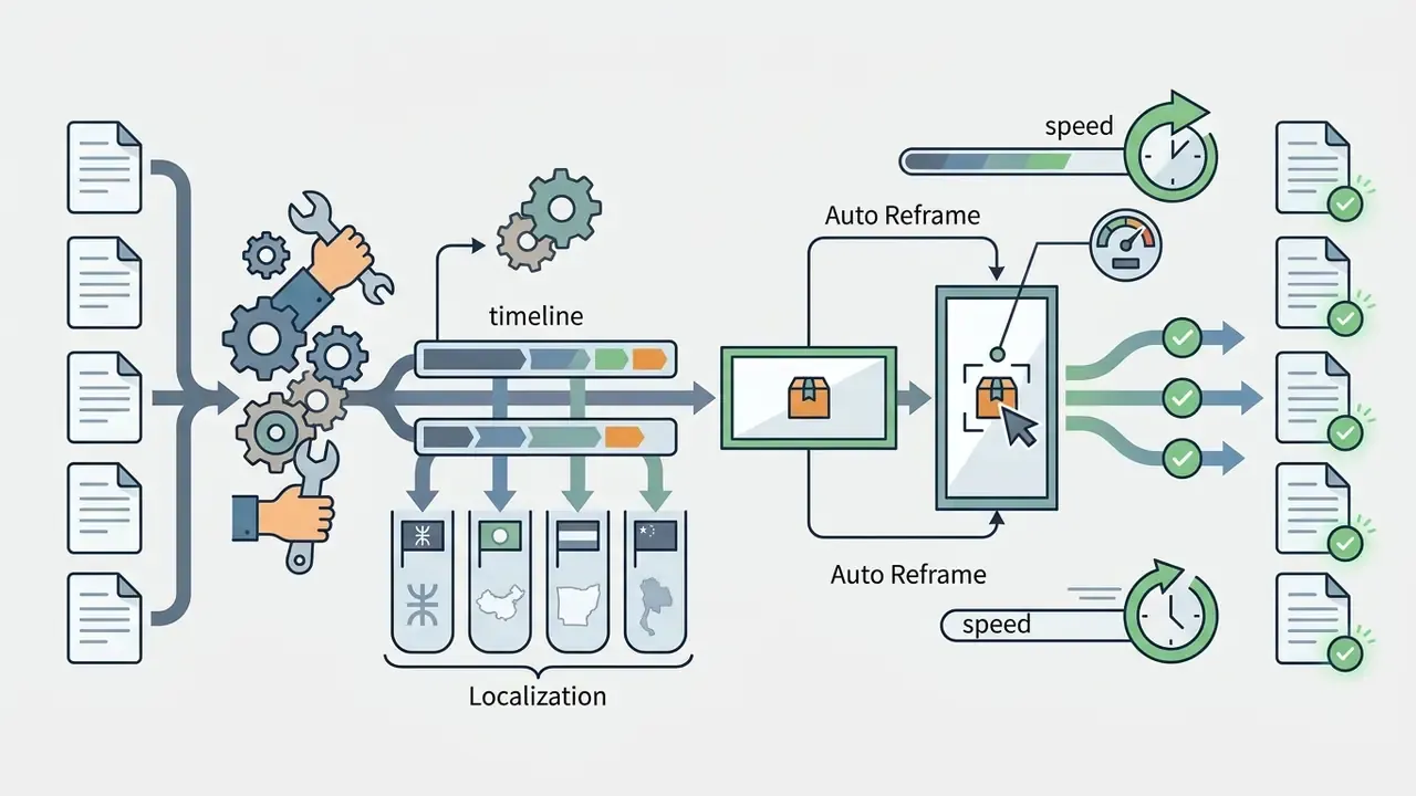 Visual representation of a video localization workflow using CapCut tools to process multiple promos