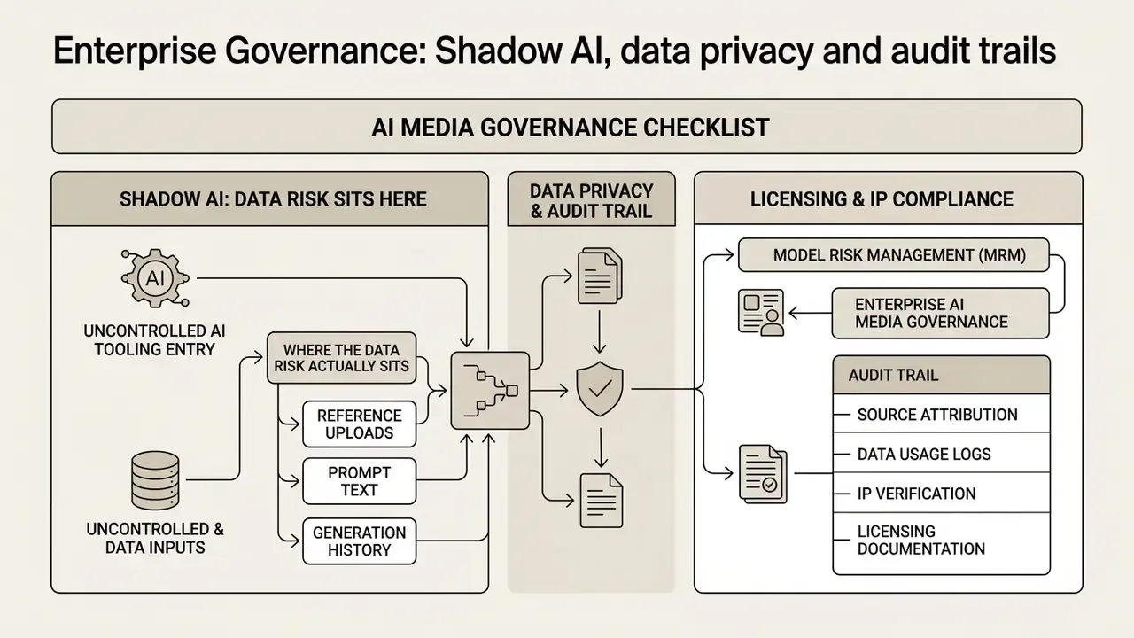 Diagram mapping shadow AI data risks to privacy controls, audit trails, and compliance documentation
