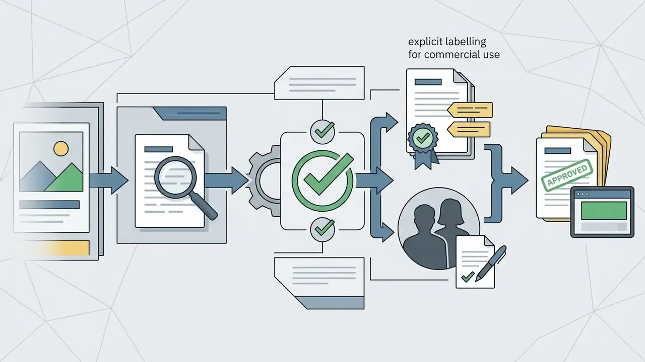 A review process for AI assets requiring labels and model releases for commercial approval