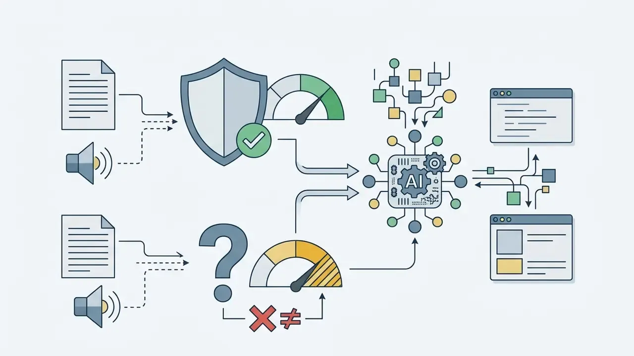 Data inputs flowing through security shields and status gauges into an AI processing hub
