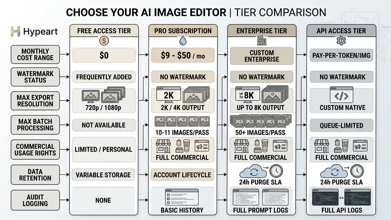 Comparison chart detailing features and pricing across four distinct software subscription tiers