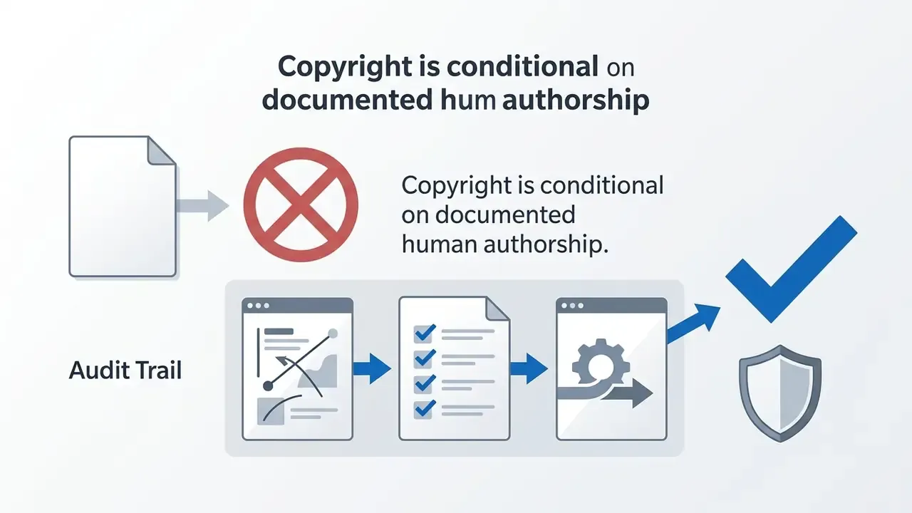 Visual comparison showing raw output rejected while an audit trail leads to copyright approval