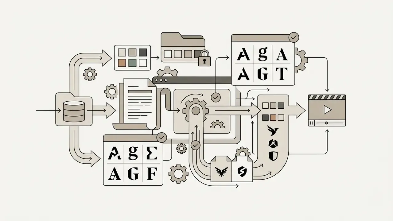 Centralized storage system connecting typography, color palettes, and logo files to a video production interface