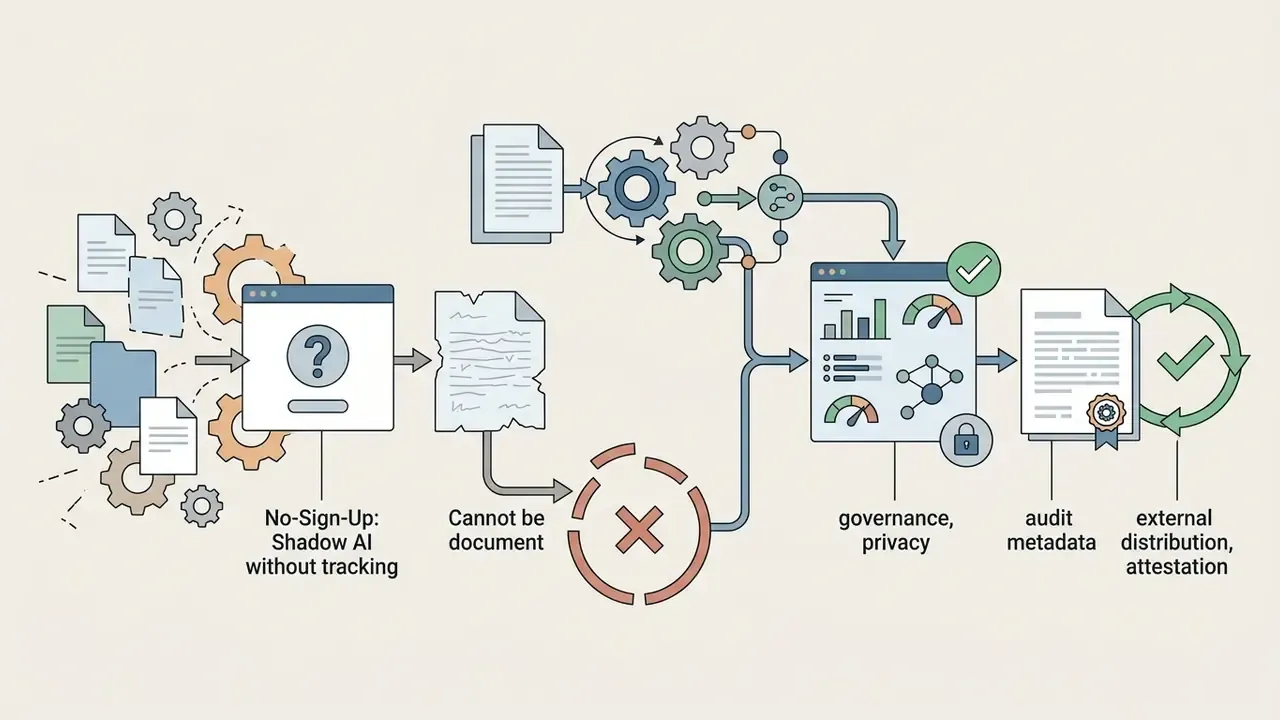 Documents moving through a blocked path versus a controlled pipeline with governance and audit metadata