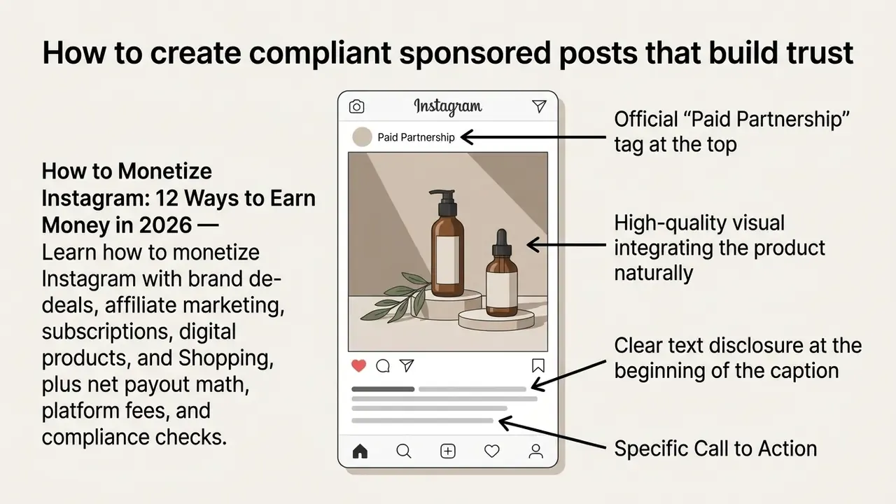 Infographic showing an Instagram post with callouts for the partnership tag, product visual, and caption