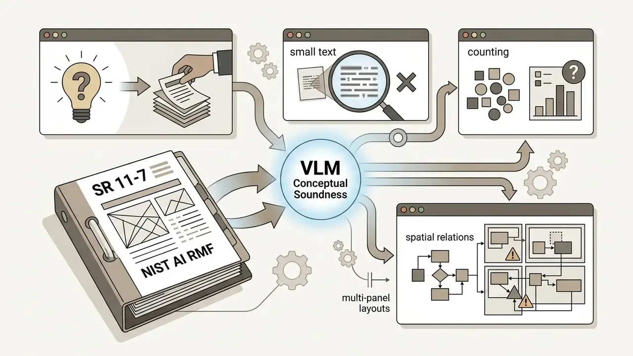 Binder labeled SR 11-7 and NIST AI RMF connecting to a hub that evaluates VLM conceptual soundness