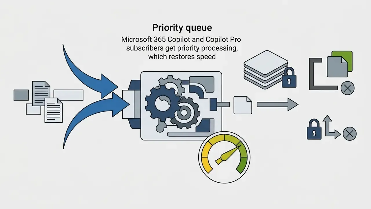 Documents entering a gear processor to produce output while speed gauges and locked feature icons appear