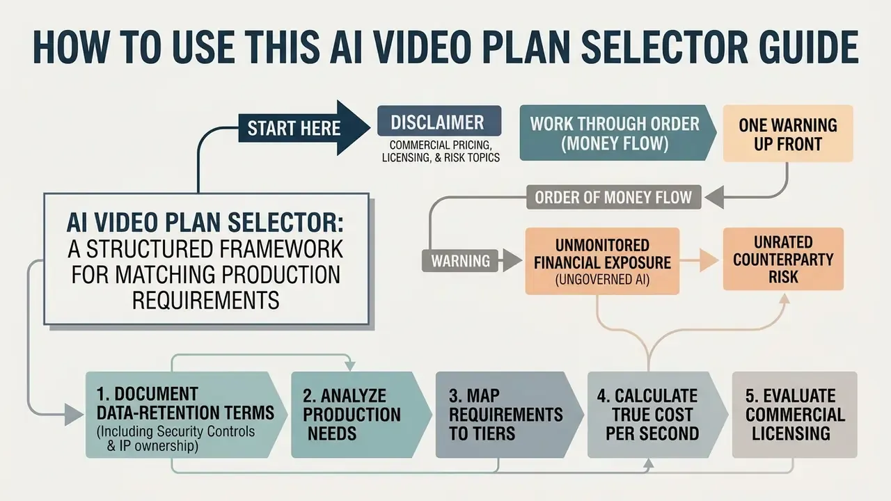 Flowchart outlining the five steps for using an AI video plan selector to evaluate subscription risks