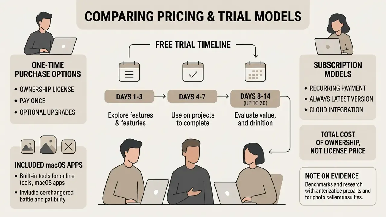 Diagram comparing one-time purchase and subscription models with a timeline for free trial evaluation