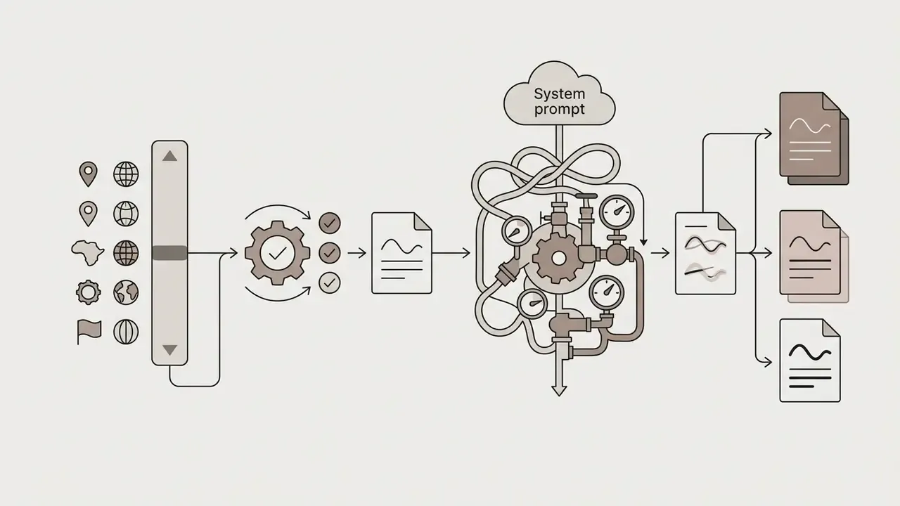 Selection of language settings flowing through a gear-driven processor and system prompt to generate text outputs