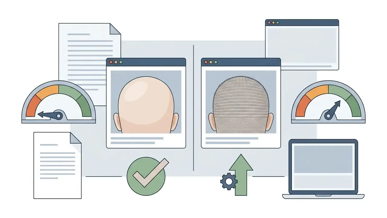 Comparison of a smooth shaved head and a buzz cut with gauges and document icons for digital analysis