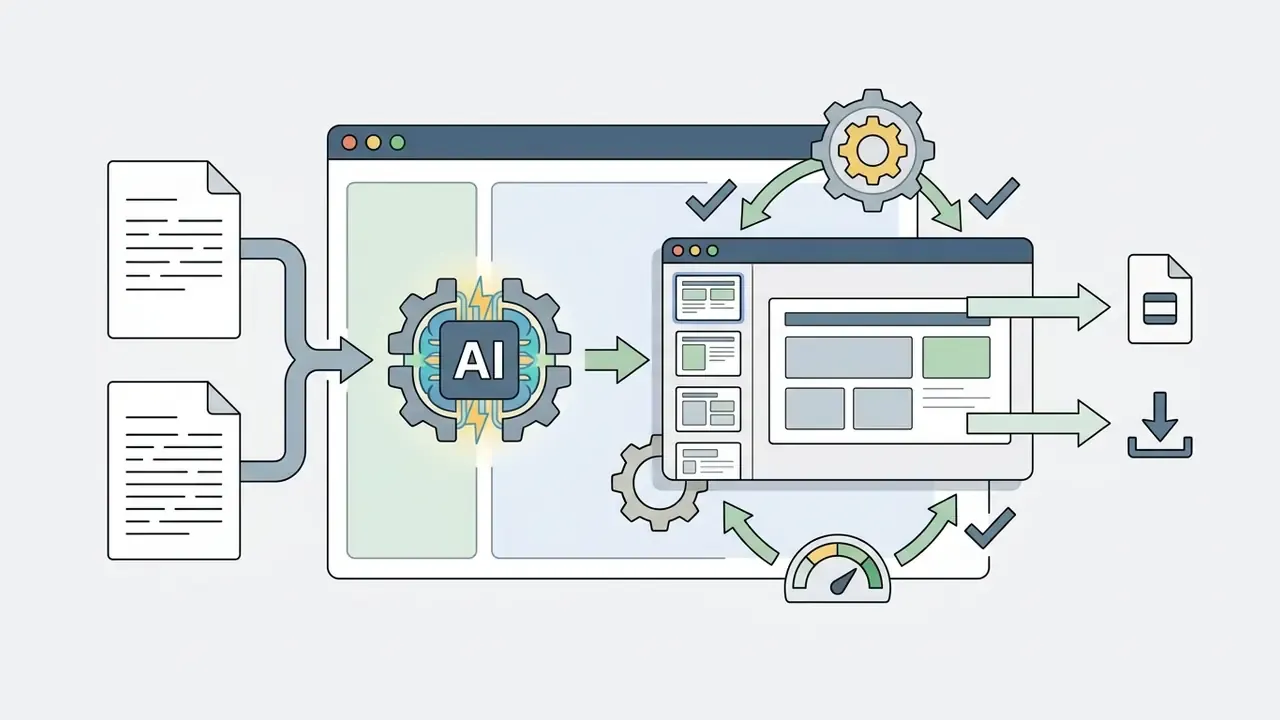 Documents feeding into an AI processor to generate and optimize slide layouts for final export