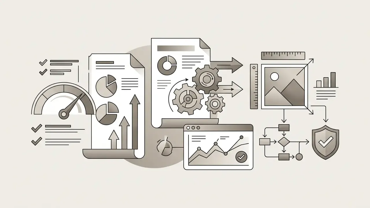 Documents with charts, gears, and a speedometer icon representing technical performance metrics