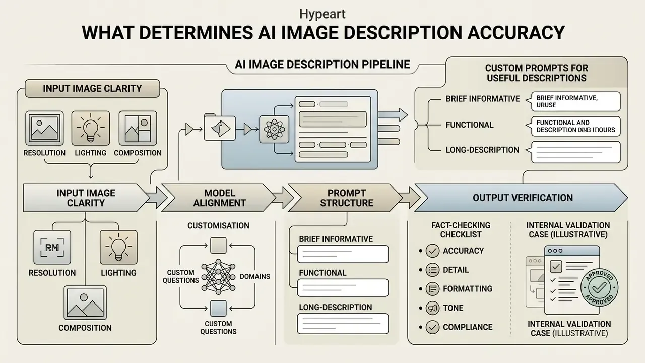 Detailed diagram outlining the factors affecting AI image description accuracy through a multi-stage pipeline