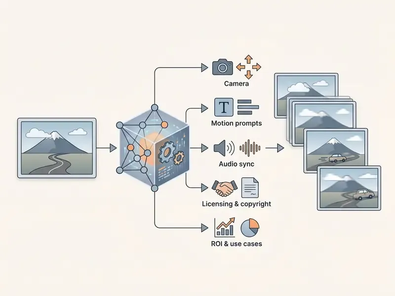 Flowchart showing how a central AI model processes a static image into a sequence of animated video frames