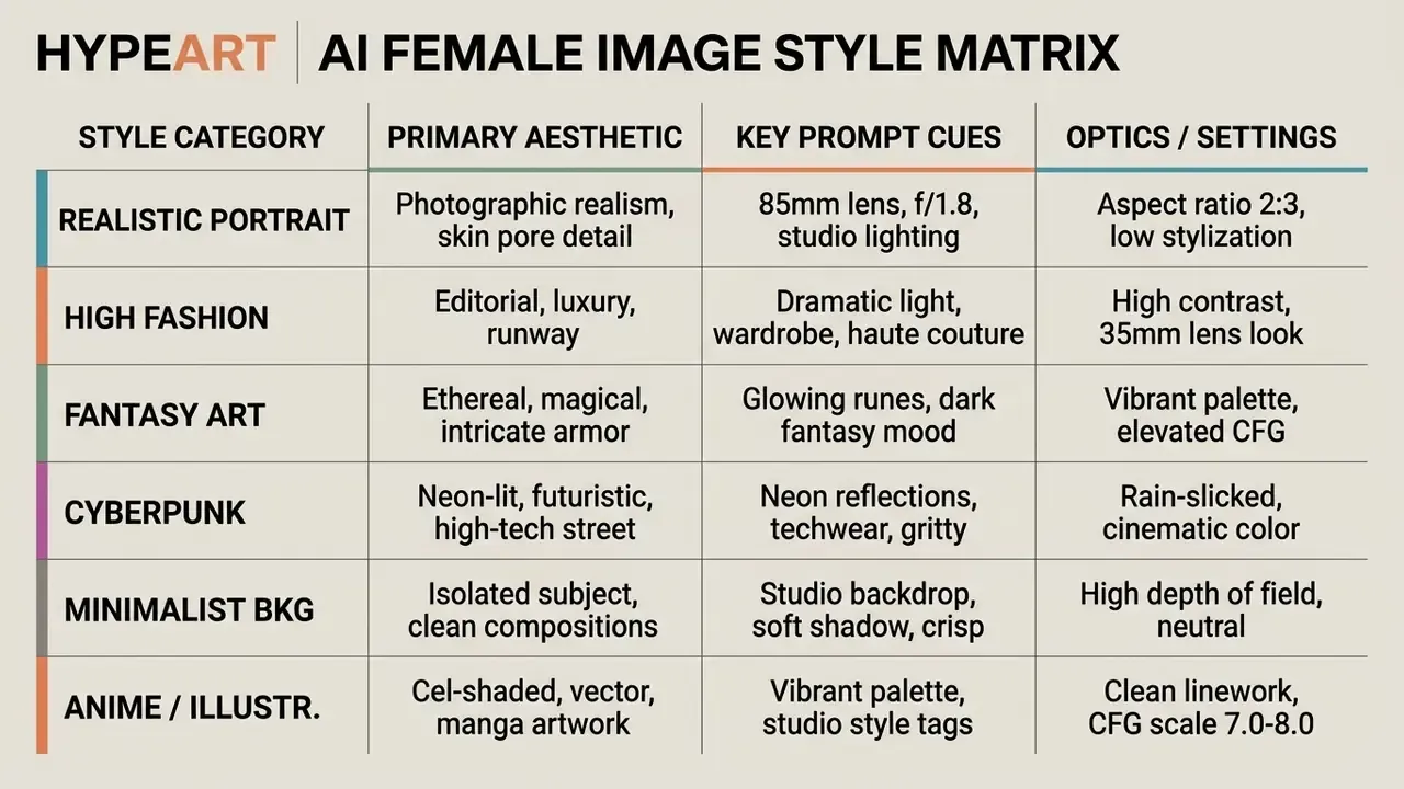 Table comparing visual aesthetics, prompt cues, and technical settings for various digital art styles