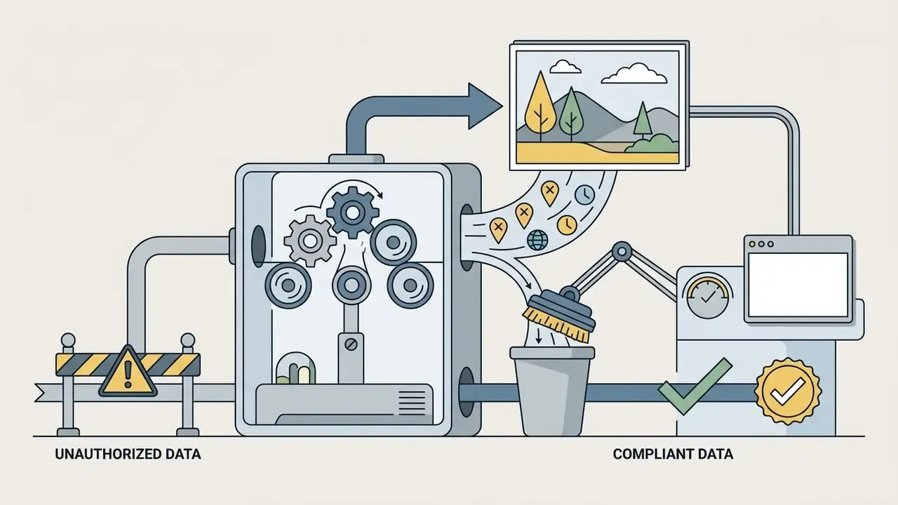 Mechanical system scrubbing location metadata from photos before outputting compliant data files