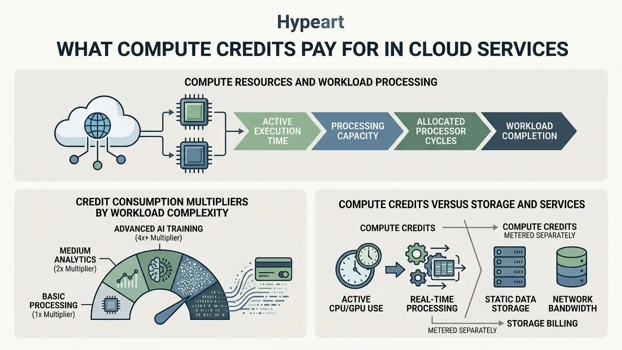 Diagram detailing how compute credits measure processing tasks, workload complexity, and service usage