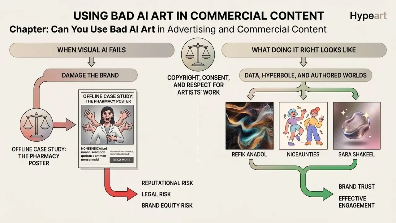 Comparison chart contrasting brand risks of flawed AI visuals with successful examples from digital artists