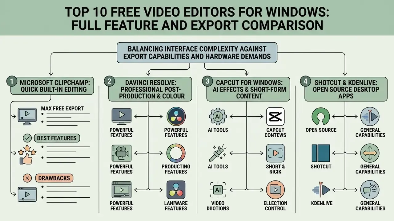 Categorized breakdown of popular video editing software highlighting key features and export limitations