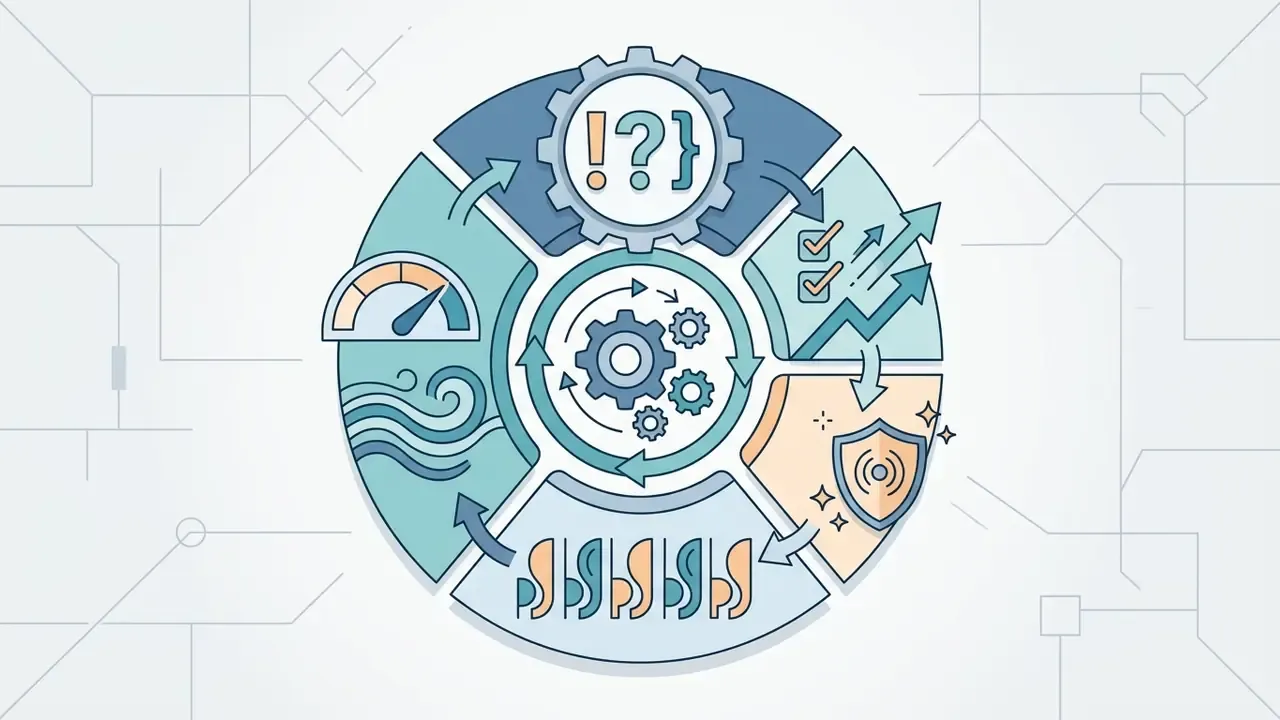 Circular diagram featuring gear icons and symbols for punctuation, speed, and security in a workflow
