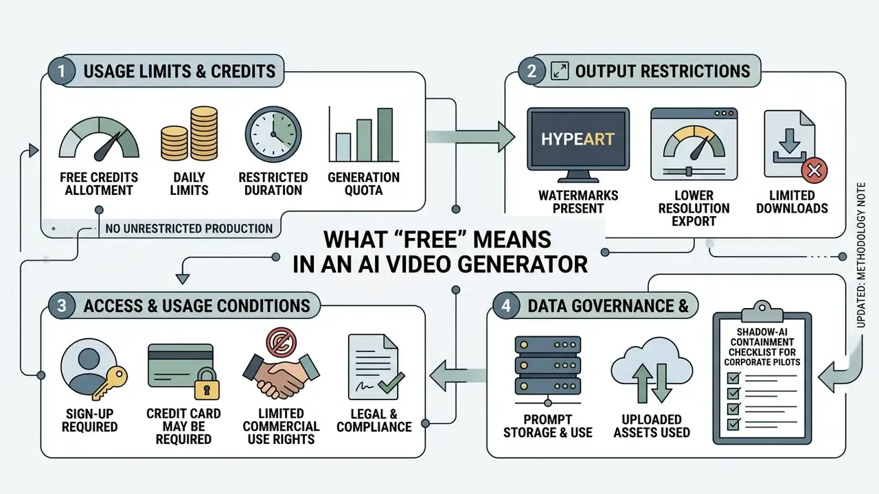 Infographic outlining usage limits, output restrictions, access conditions, and data governance for AI tools