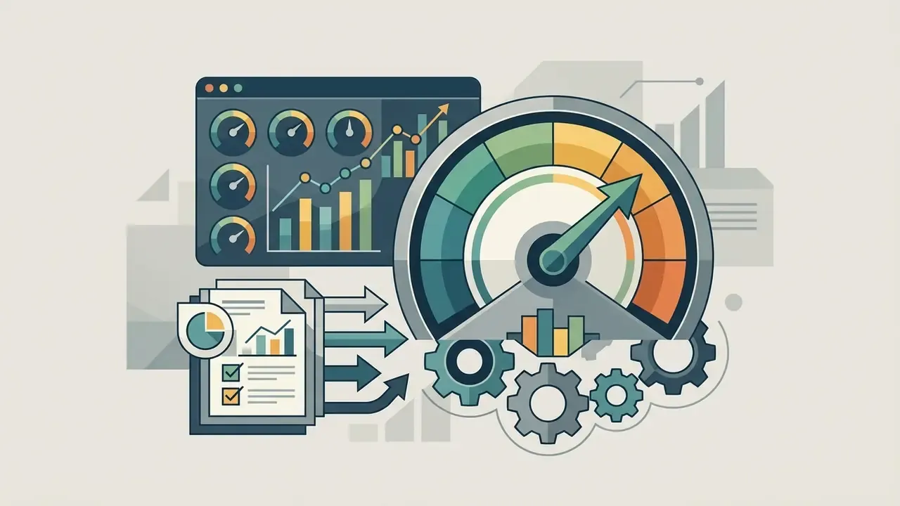 Dashboard with performance gauges and a large speedometer linked to gears for AI ad content analysis