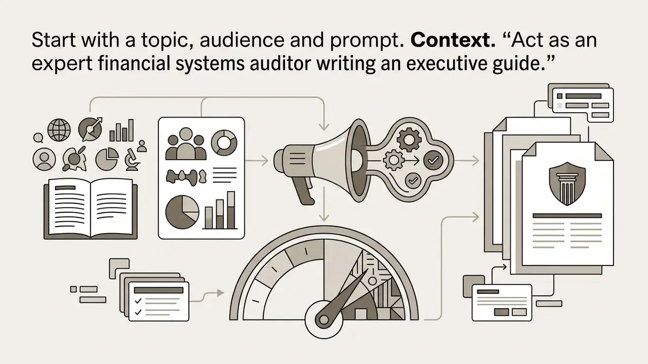 Diagram showing data inputs, a megaphone processing mechanism, and a gauge leading to formal reports