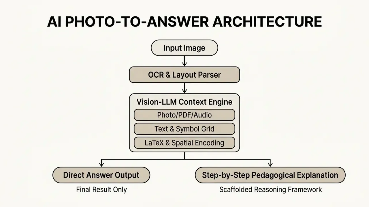 Flowchart showing how an AI homework helper processes input images into direct answers or explanations