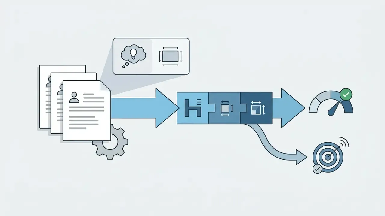 Documents with prompt and aspect ratio icons flowing into a processing pipeline toward status and webhook targets
