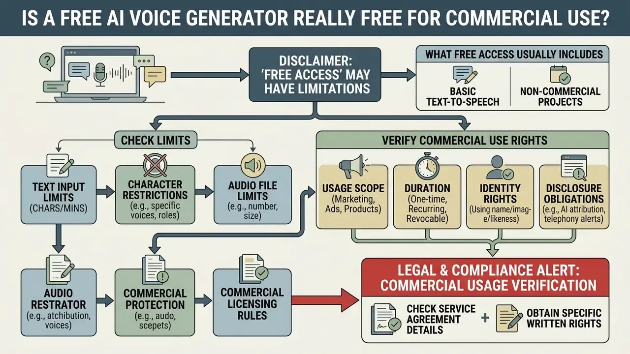 Decision flowchart outlining limitations and legal requirements for commercial use of free AI voice tools
