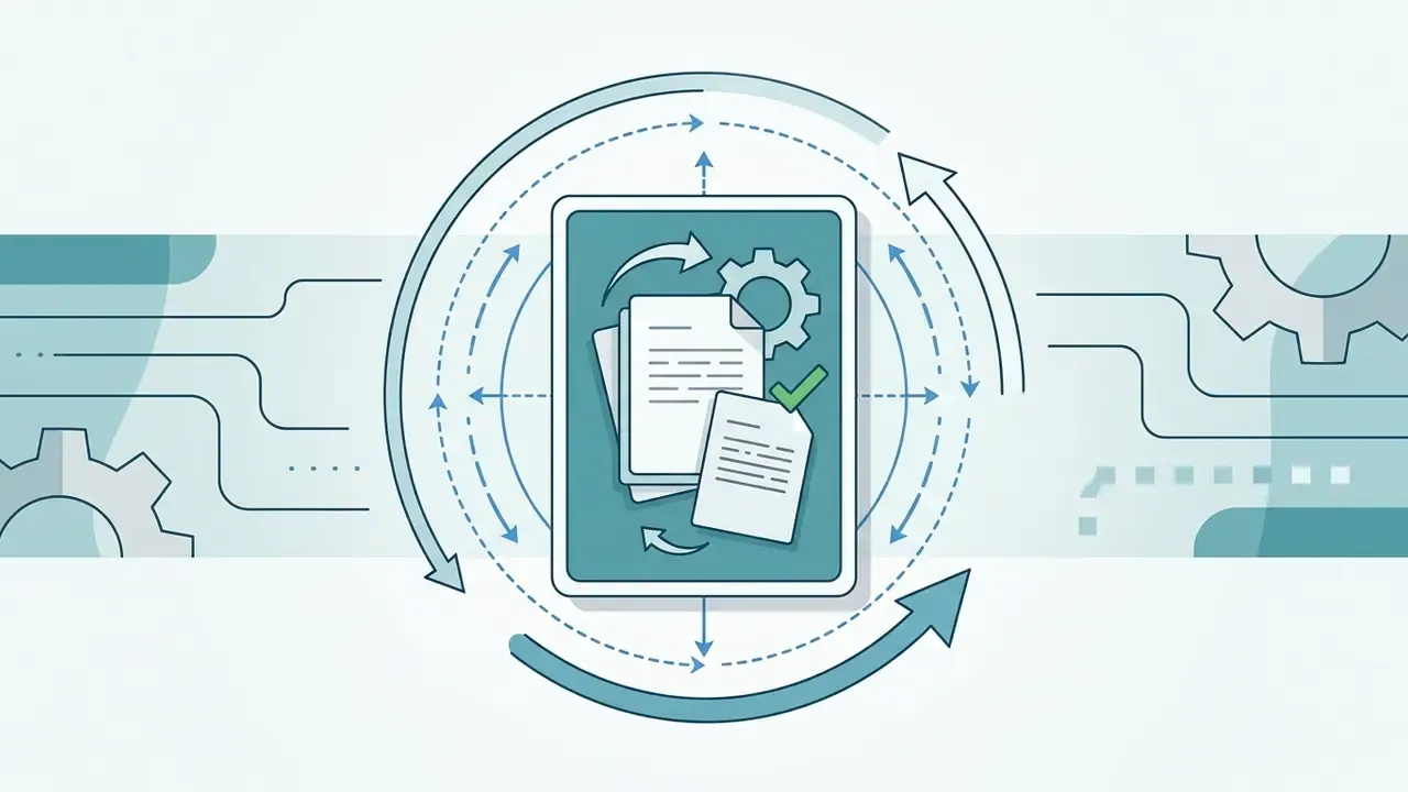 Tablet screen showing documents and a gear icon surrounded by rotating arrows indicating iterative refinement